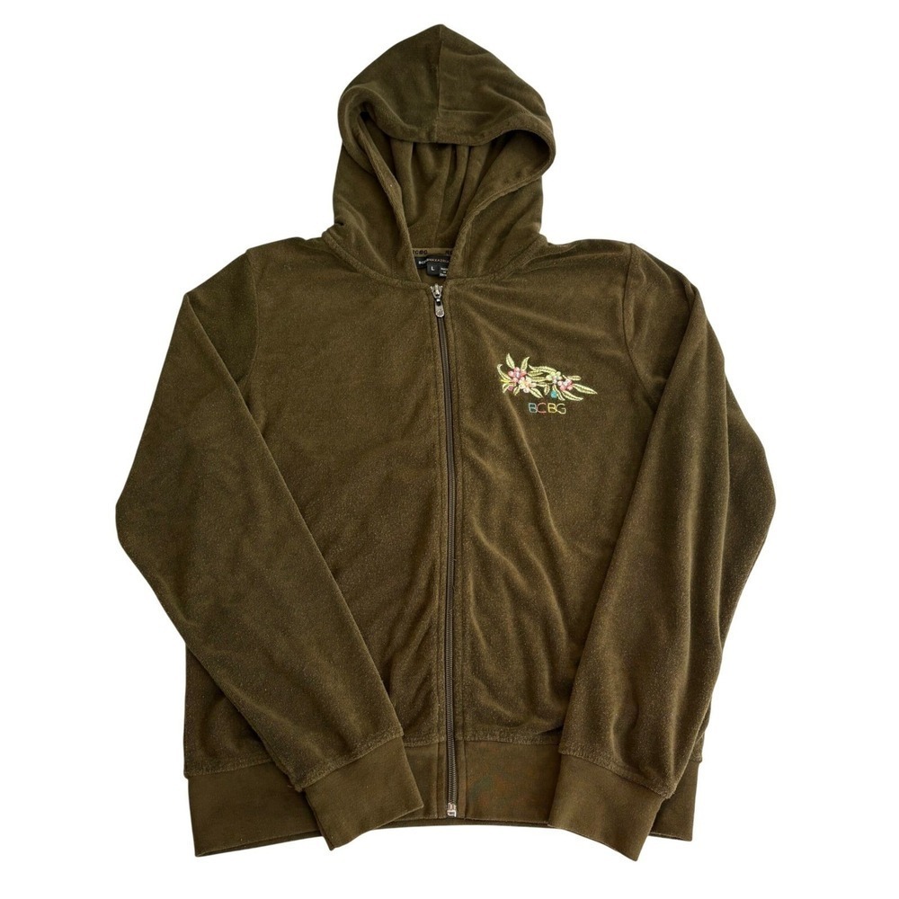 Y2K BCBGMAXAZRIA Olive Green Velour Hoodie Jacket Floral Bird Embroidery Large - Picture 3 of 7